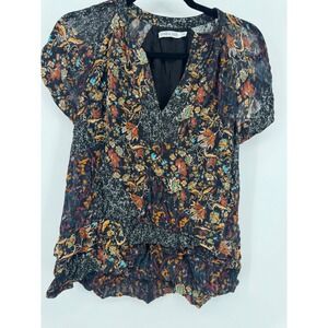 Mariacher Womens XS Floral Patchwork V-Neck Metallic Accents Ruffle Blouse Black